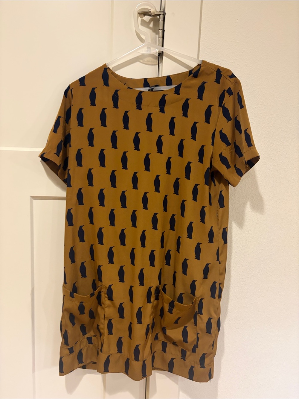 audrey Mustard Mini Dress with Navy Penguin Print